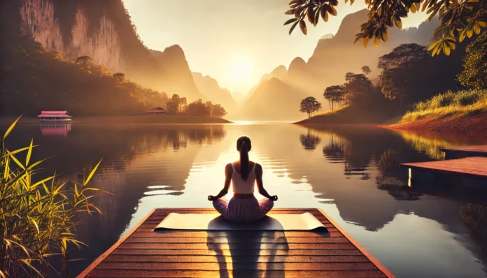 Woman meditating on a yoga mat by a serene mountain lake at sunrise, visually capturing the calming effects of yoga for stress relief and anxiety reduction.