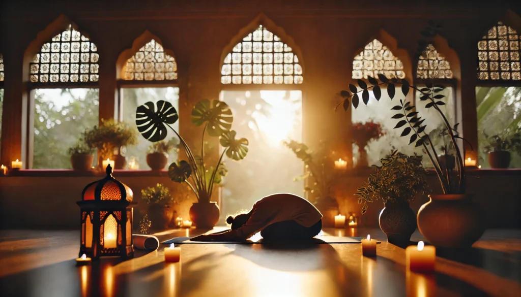Person practicing child’s pose in a softly lit indoor yoga space surrounded by plants and candles, illustrating yoga’s role in reducing stress and promoting inner calm.