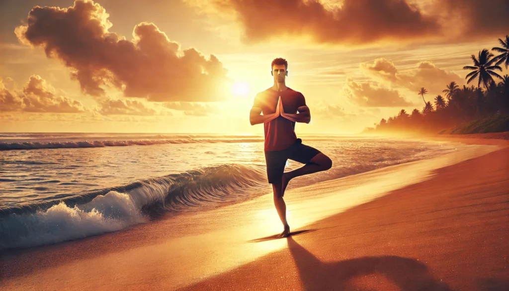 Man performing Tree Pose on a tranquil beach at sunrise, symbolizing balance, mindfulness, and stress reduction through yoga.