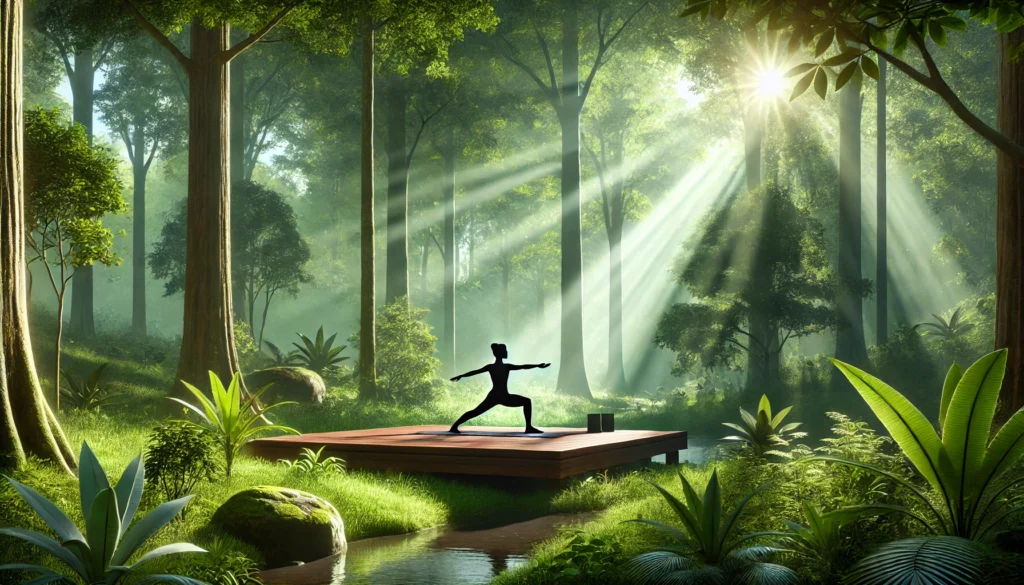 Person in Warrior II pose on a wooden platform in a sunlit forest, representing how yoga in nature supports stress relief and mental well-being.