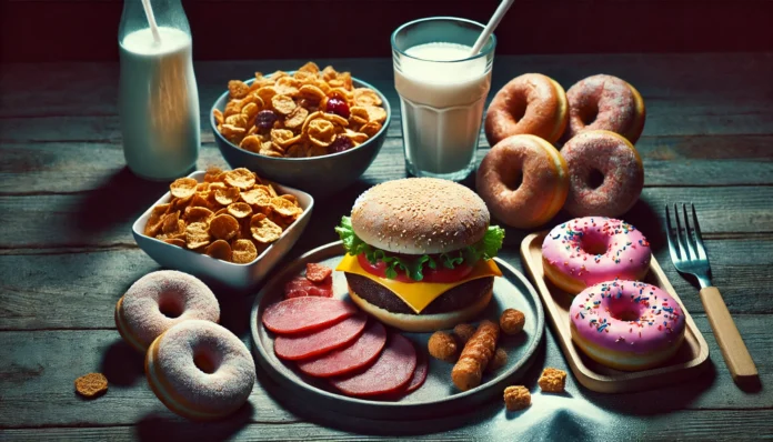 Greasy cheeseburger, sugary cereal, processed deli meats, and donuts on a dark wooden table, symbolizing foods that may trigger dementia and cognitive decline.