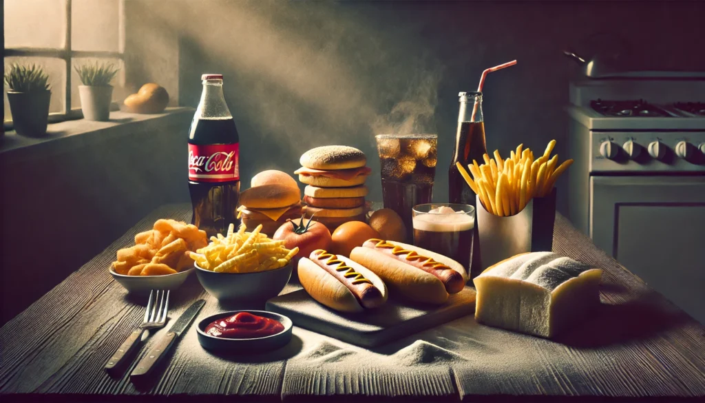 Hot dogs, fries, white bread, and soda in a dimly lit kitchen, visually representing processed foods linked to increased dementia risk.