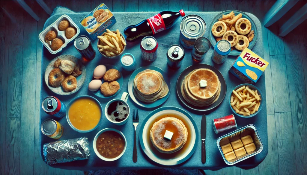 Overhead view of pancakes with margarine, deep-fried snacks, canned soup, and sugary soda under eerie lighting, illustrating unhealthy dietary patterns tied to brain aging.