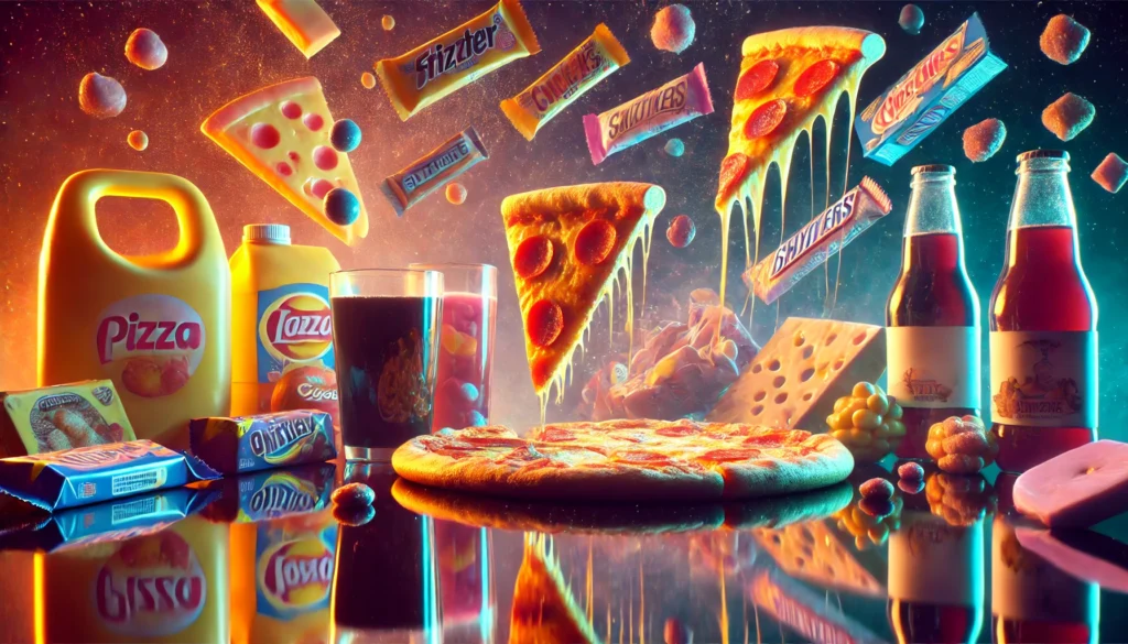 Slices of pizza, candy bars, microwave meals, and sugary drinks floating on a reflective surface in a surreal, dreamlike setting evoking cognitive fog and dementia.
