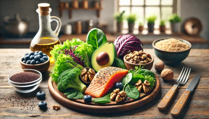 A brain-healthy meal featuring grilled salmon, avocado, mixed greens, quinoa, walnuts, and blueberries arranged on a rustic wooden table in natural lighting.