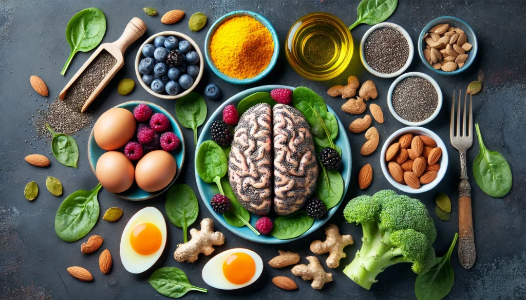 Overhead view of nutrient-rich brain foods including chia seeds, eggs, spinach, turmeric, berries, olive oil, and almonds on a dark slate background.