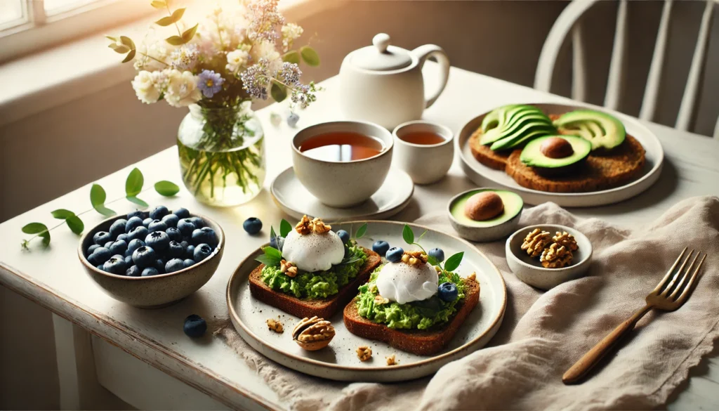 A calming kitchen breakfast scene with green tea, whole-grain toast topped with avocado and poached eggs, fresh blueberries, and walnuts in soft morning light.
