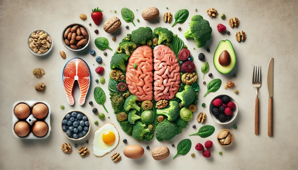 Artistic flat-lay of salmon, leafy greens, avocado, berries, eggs, broccoli, and walnuts arranged in the shape of a brain on a neutral background.