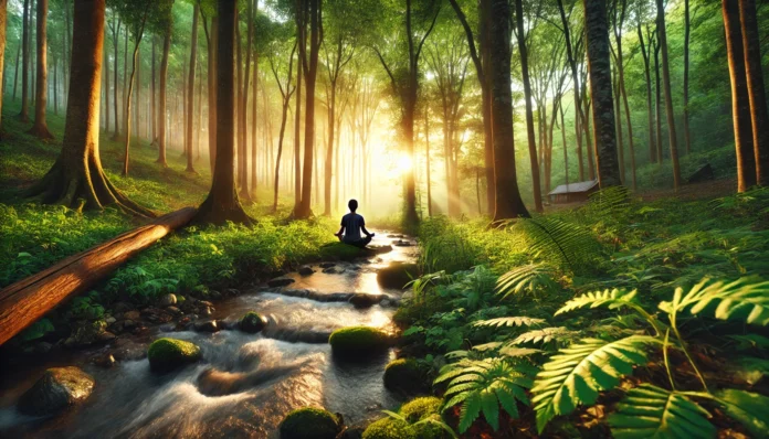 A person meditating near a gentle stream in a peaceful forest at sunrise, with golden light filtering through lush green trees — symbolizing natural methods to calm anxiety and nerves.