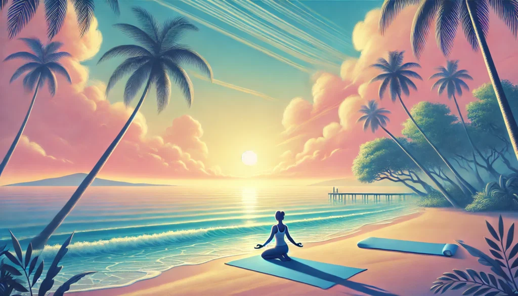 A serene beach at sunset with pastel skies and a person practicing yoga on the sand, visually representing a healthy, natural way to ease stress and promote emotional calm.