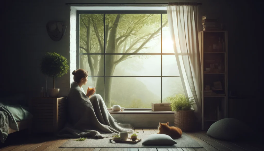 A cozy indoor setting with a person wrapped in a blanket, sipping herbal tea by a sunlit window, evoking a peaceful and nurturing atmosphere for calming nerves naturally.