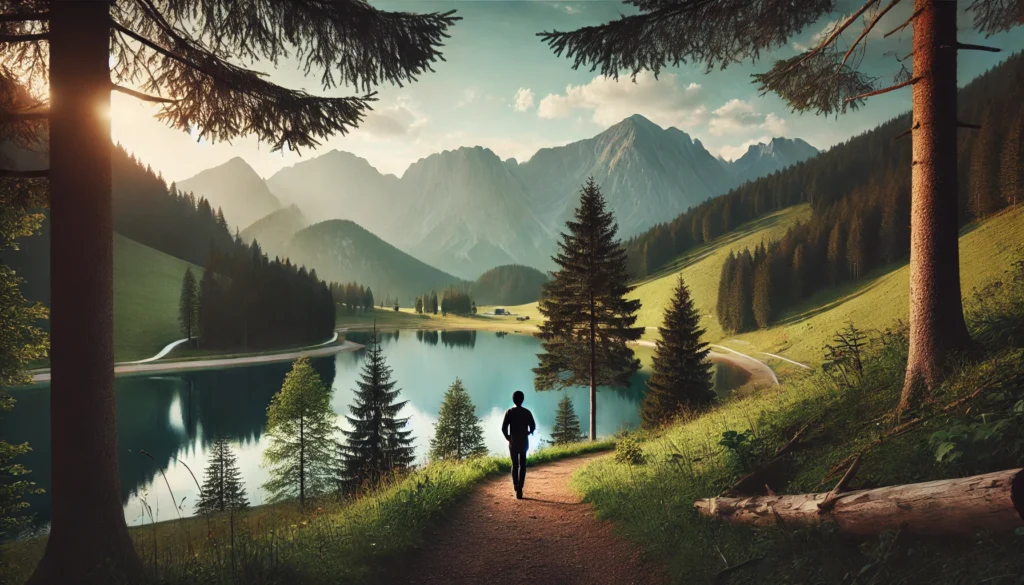 A tranquil mountain landscape with a calm lake and a person walking along a forest trail, illustrating the use of nature therapy and mindfulness for anxiety relief.