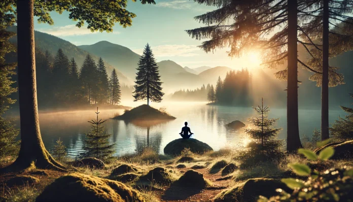 A person meditating near a calm lake at sunrise, surrounded by misty mountains and trees, symbolizing mindfulness and emotional balance in nature
