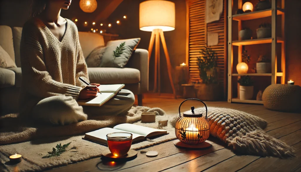 A person journaling while wrapped in a blanket on a cozy couch, with warm lighting and a cup of tea nearby, representing self-reflection and emotional healing.
