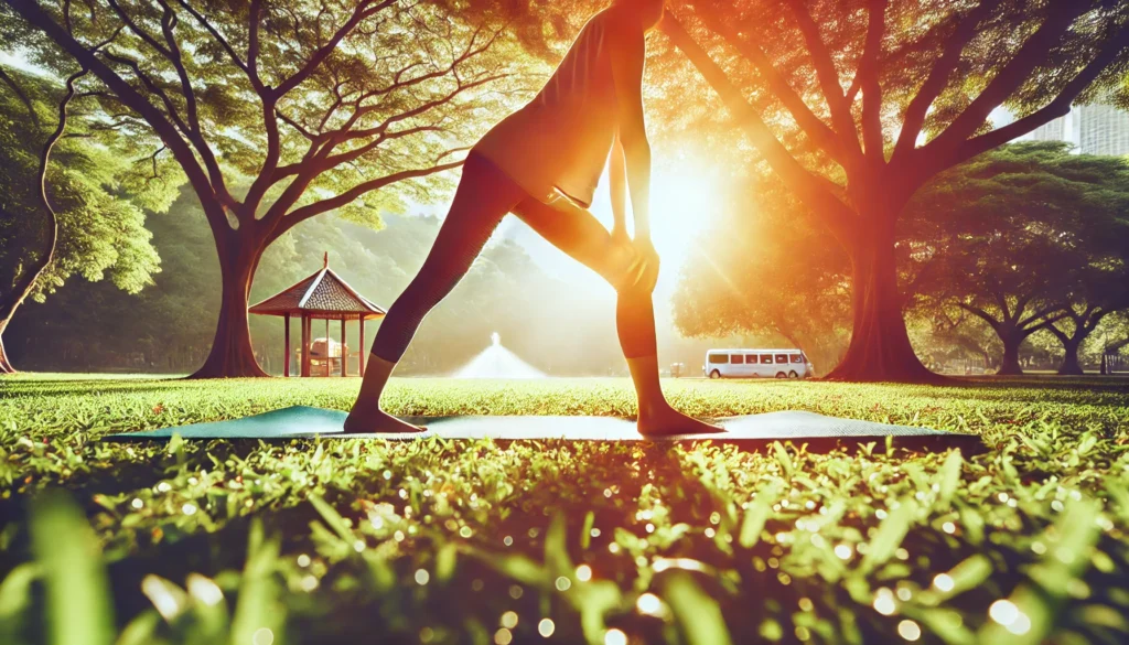 A person stretching or doing yoga on a mat in a sunny green park, surrounded by trees, highlighting physical activity as a coping tool for mental well-being.