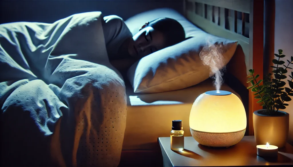 A person peacefully sleeping in a softly lit bedroom with gentle bedding and a diffuser, reflecting the importance of quality sleep for mental health.