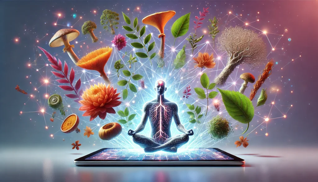 Human silhouette meditating inside a neural network, surrounded by floating botanical elements like Lion’s Mane and Rhodiola, symbolizing natural nootropic support.