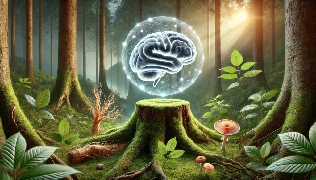 Translucent brain floating above a mossy tree stump in a serene forest, surrounded by glowing natural nootropics like ginseng, Bacopa, and Lion’s Mane mushrooms, representing cognition and longevity.