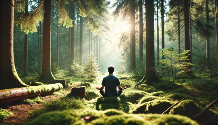 Person meditating in a peaceful forest clearing with sunlight filtering through tall trees, symbolizing natural anxiety relief through mindfulness and nature.