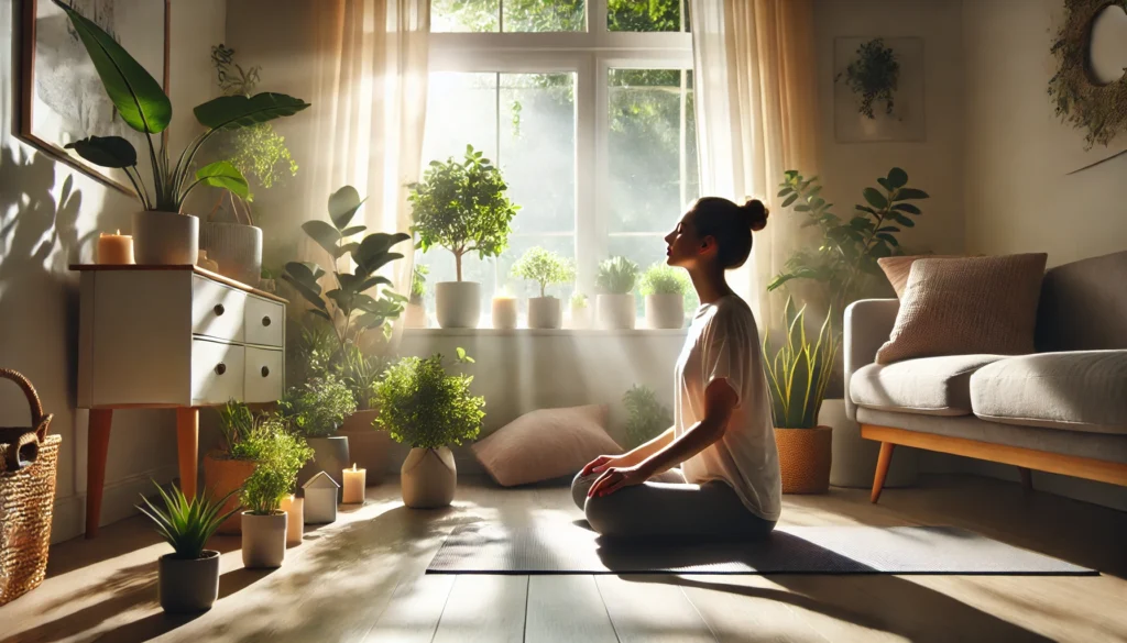 Calm person sitting on a yoga mat in a sunlit, plant-filled room practicing deep breathing, depicting natural anxiety relief in a minimalist indoor setting.