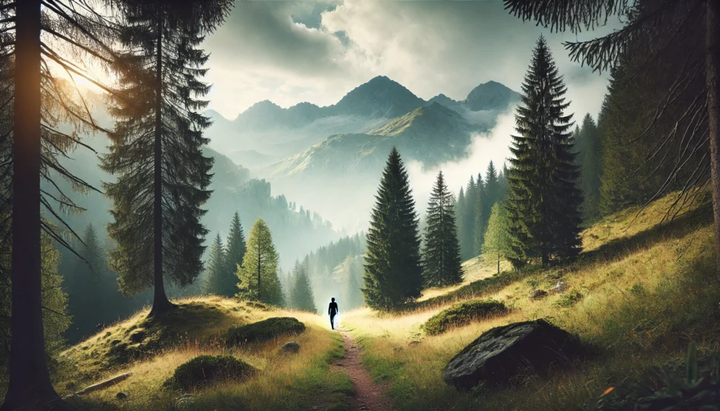 Person walking alone on a quiet mountain trail surrounded by pine trees and misty peaks, reflecting nature-based, medication-free anxiety relief through movement and solitude.