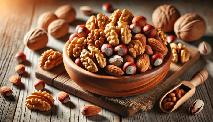 A rustic wooden bowl filled with assorted brain-healthy nuts like walnuts, almonds, and pistachios on a wooden table, showcasing natural textures and colors that represent nutritional support for cognitive health.