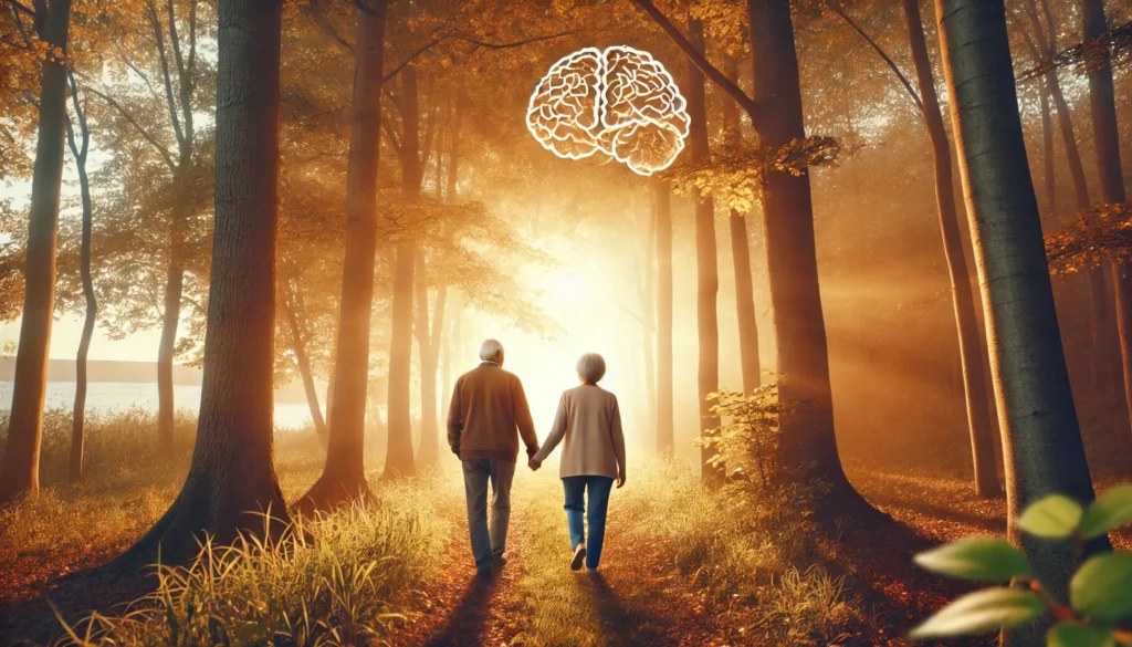 An elderly couple walking hand-in-hand through a sunlit autumn forest, symbolizing healthy aging and the lifestyle benefits of nutrition, including brain-supportive foods like walnuts.