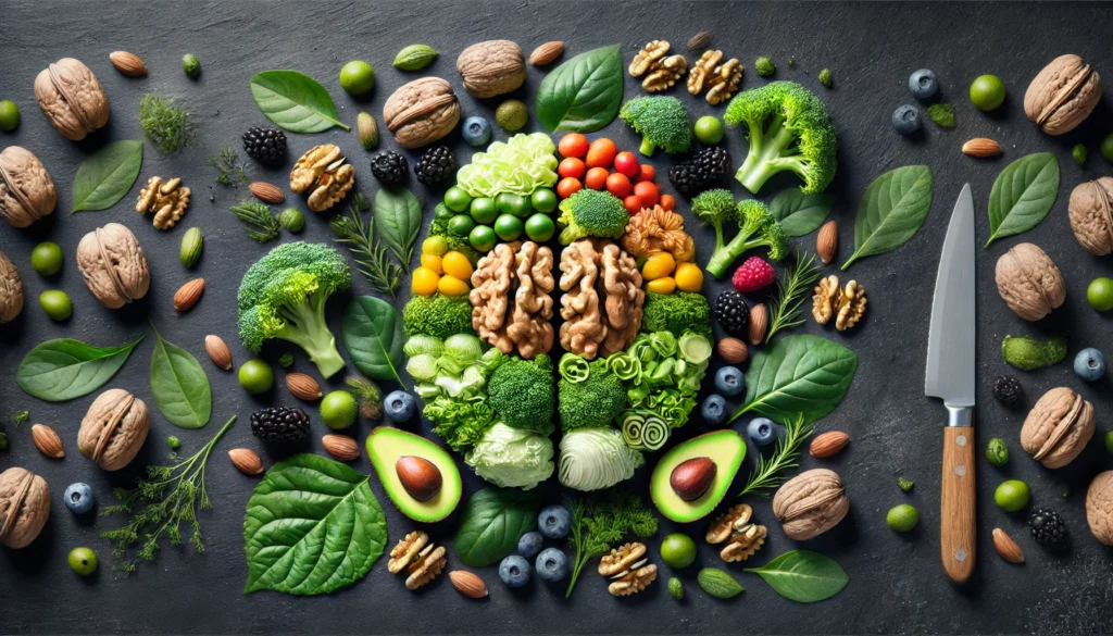 A creative arrangement of walnuts, leafy greens, and berries shaped into a human brain model on a dark slate background, visually representing dietary choices that enhance brain longevity