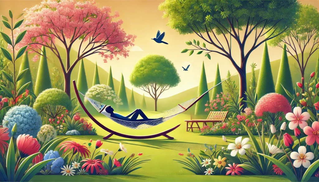 Person resting in a hammock in a vibrant garden surrounded by blooming flowers and trees, symbolizing anxiety relief through rest, nature, and a peaceful environment without medication.