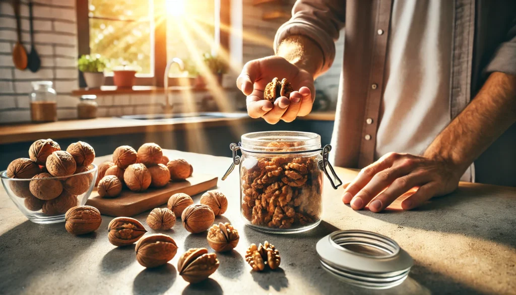 A hand reaching into a glass jar of walnuts on a kitchen counter bathed in morning sunlight, illustrating a mindful daily habit for boosting cognitive function through nutrition.
