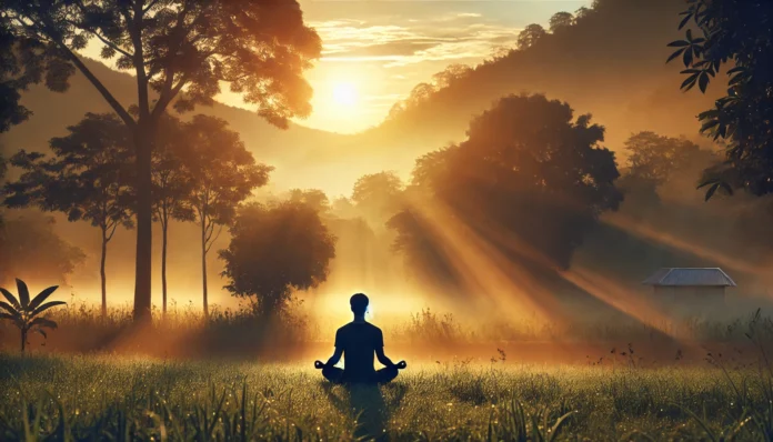 Person practicing deep breathing in a serene grassy field at sunrise, surrounded by mist and golden light, symbolizing calm and nervous system regulation.