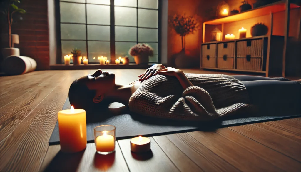 Individual lying on a yoga mat in a dimly lit room with candles, practicing diaphragmatic breathing to promote relaxation and slow breathing.