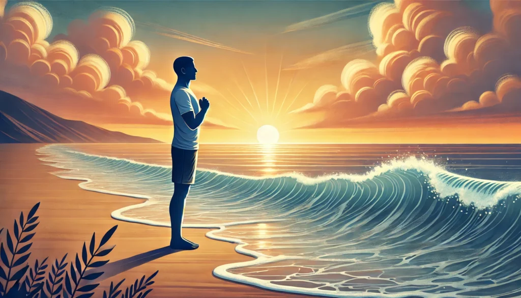 Person standing barefoot on a tranquil beach at sunset, engaging in slow breathing exercises with gentle waves and calming sky in the background.