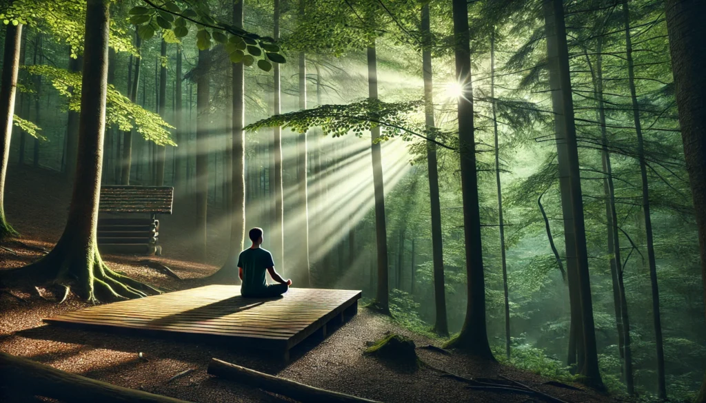 Individual sitting on a wooden platform in a quiet forest, practicing mindfulness and deep breathing with sunlight filtering through the trees.