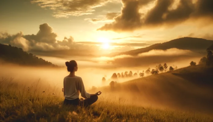 Woman practicing deep breathing on a grassy hill at sunrise, surrounded by morning mist and golden light, evoking calmness and mental clarity.