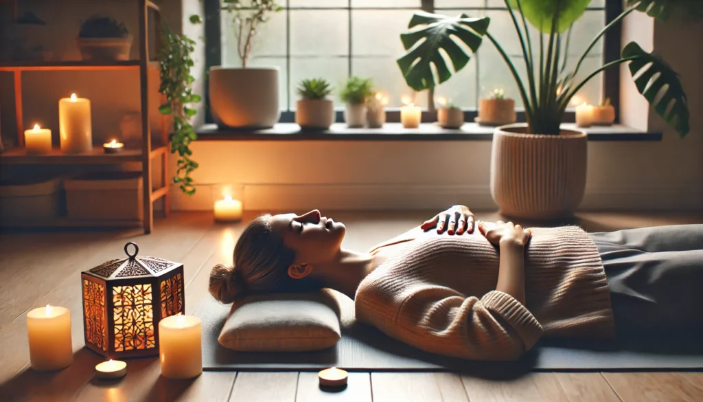 Person lying on a yoga mat in a softly lit room with candles and plants, practicing mindful breathing for stress relief and relaxation.