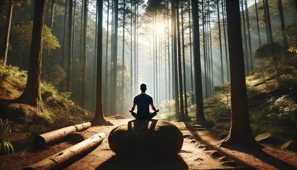 Man sitting on a rock in a peaceful forest clearing, surrounded by tall trees and dappled sunlight, engaging in deep breathing for grounding and calm.