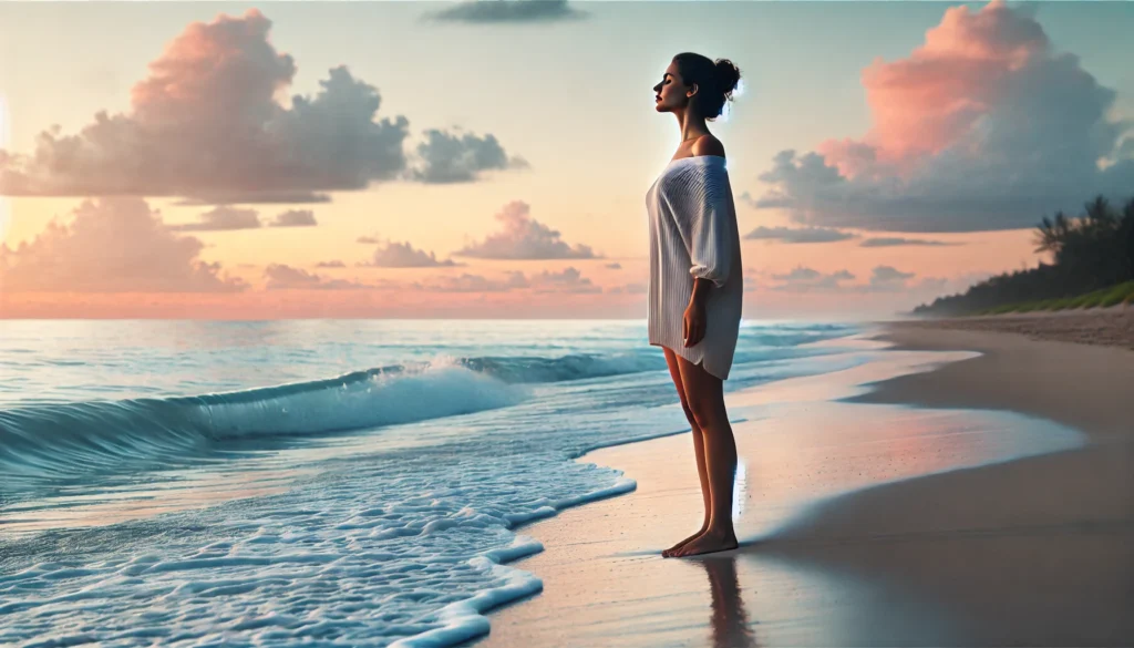 Woman standing barefoot on a beach at sunset, eyes closed and breathing deeply, with gentle waves and pastel skies creating a serene, mindful atmosphere.