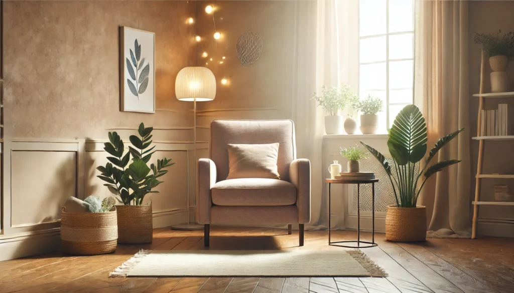 Serene therapy room with a cozy armchair, soft lighting, and indoor plants, symbolizing a peaceful setting for mental health counseling and psychotherapy.
