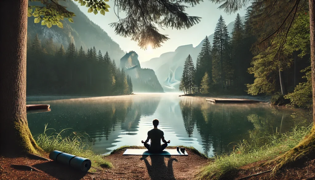 Tranquil nature scene with a person meditating near a calm lake at sunrise, surrounded by trees and mountains, representing mindfulness-based anxiety relief.
