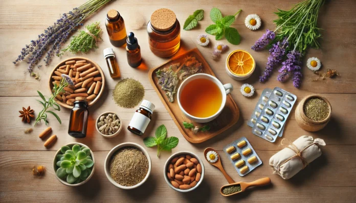 Flat lay of natural anxiety remedies including chamomile tea, lavender oil, magnesium supplements, and herbs on a wooden table, evoking holistic wellness.
