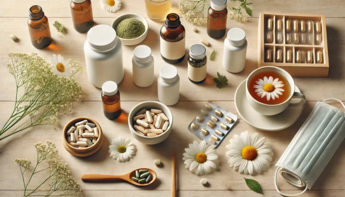 Flat lay of over-the-counter anxiety relief supplements including pill bottles, herbal capsules, chamomile flowers, and tea on a wooden surface in a calming wellness setting.