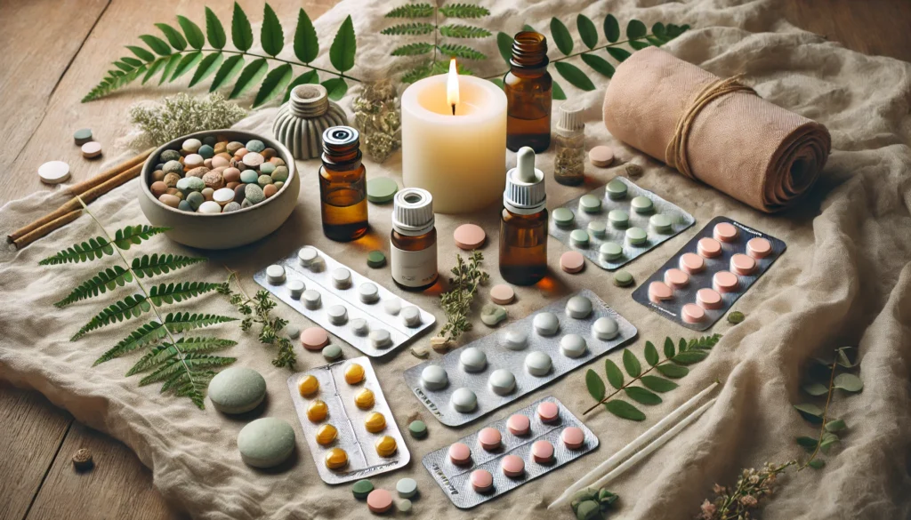 Assortment of OTC anxiety aids such as pill blister packs, essential oils, and herbal remedies arranged on soft fabric with a candle and greenery, symbolizing calm and natural relief.