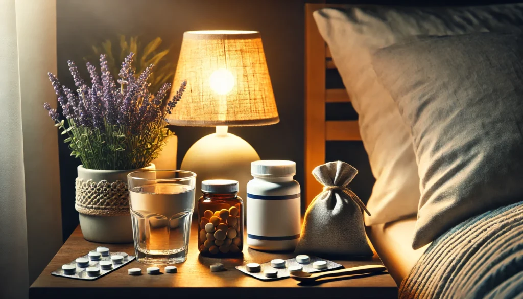 Tranquil nightstand with herbal sleep aids, lavender sachet, and a glass of water under warm lamp light, visually representing over-the-counter anxiety relief at bedtime.