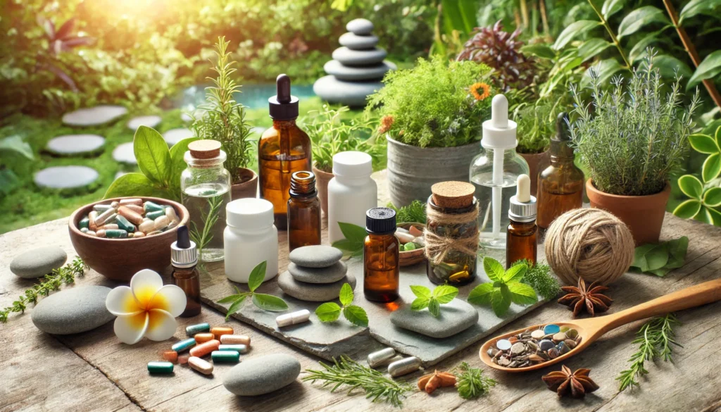 Outdoor wellness scene with over-the-counter anxiety relief supplements like herbal capsules, essential oils, and magnesium bottles on a stone surface, surrounded by natural greenery and soft sunlight.