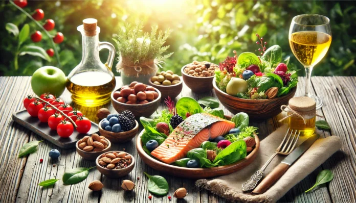 Mediterranean-style brain-healthy meal with salmon, olive oil, leafy greens, berries, and whole grains on a rustic wooden table in sunlight, representing a diet to prevent dementia naturally.