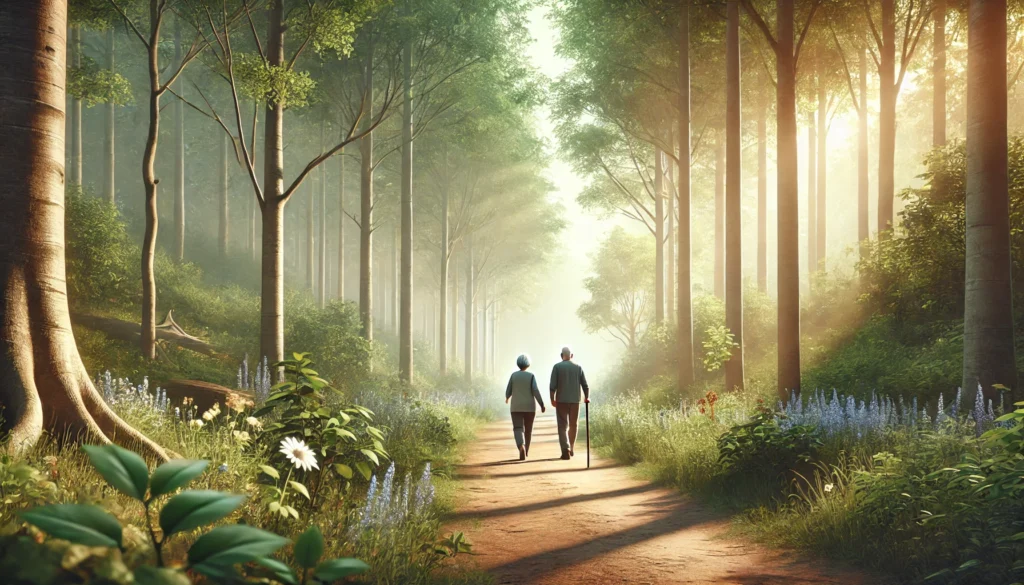 Elderly couple walking along a peaceful forest trail in soft morning light, surrounded by lush greenery, symbolizing active aging and lifestyle choices that support cognitive health.