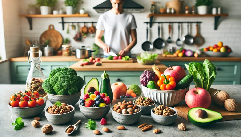 Colorful assortment of brain-healthy fruits, vegetables, nuts, and herbs arranged on a kitchen countertop with a person preparing a plant-based meal in the background, symbolizing dietary strategies to prevent dementia naturally.