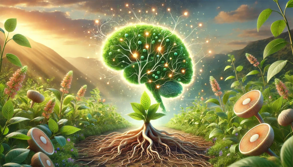 Ashwagandha roots and bacopa monnieri plants glowing with vitality beside a green brain-shaped neural network in a tranquil natural setting, symbolizing herbal synergy for brain health and longevity.