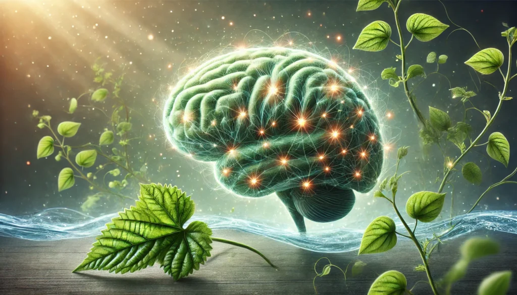 Human brain illuminated with subtle energy, surrounded by ashwagandha leaves and bacopa vines in a vibrant landscape of water, trees, and sunlight representing natural cognitive enhancement.